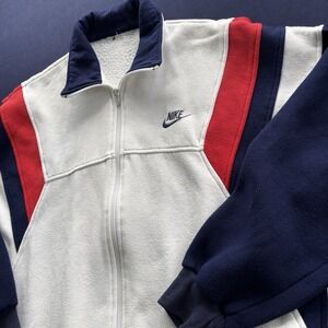 Vintage Nike Full Zip Fleece Jacket White Red Navy Men's XL Retro 90s Style